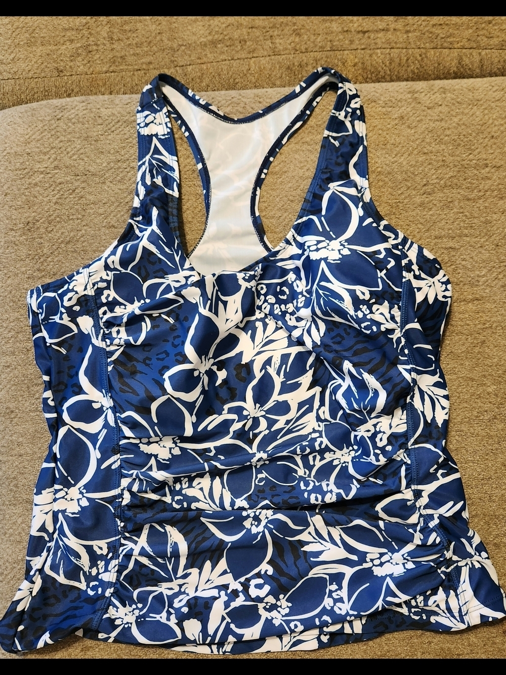 Women’s Blue & White Floral Racerback Swim Tank Large